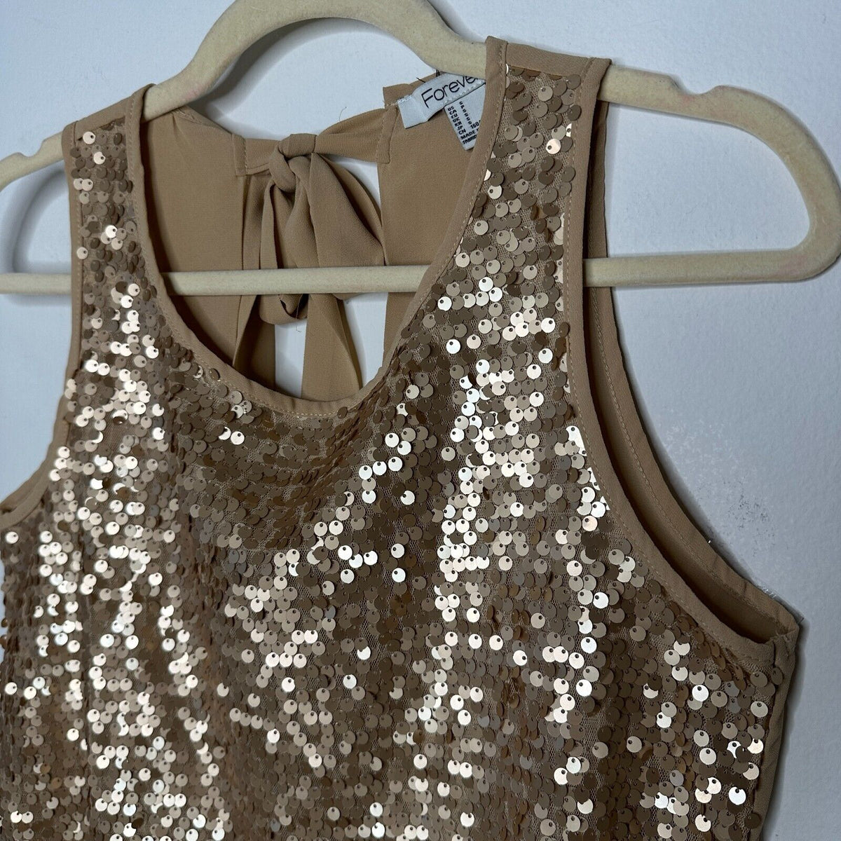 Night Out Copper Metallic Gold Sequin Sleeveless Open Back Tie Tank Blouse S
