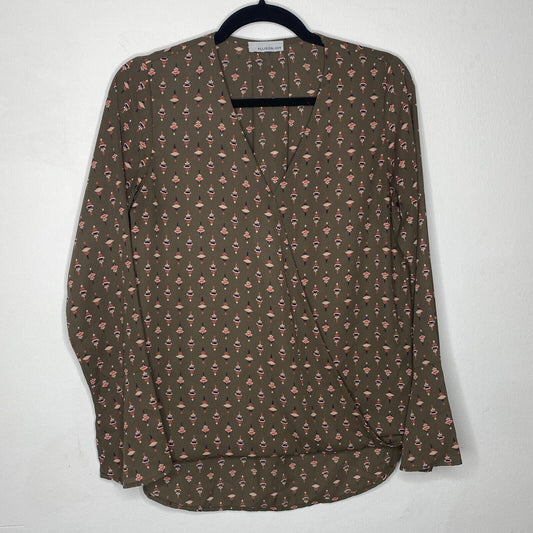 Allison Joy Faux-Wrap Brown Pink Blue Floral Print Design Long Sleeve Blouse XS