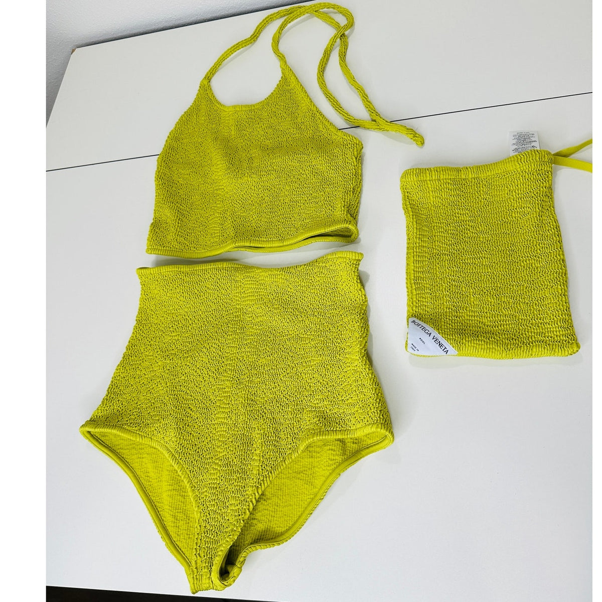 Bottega Veneta Chartreuse Seersucker Halterneck Bikini Set W/ Bag 42 / 6