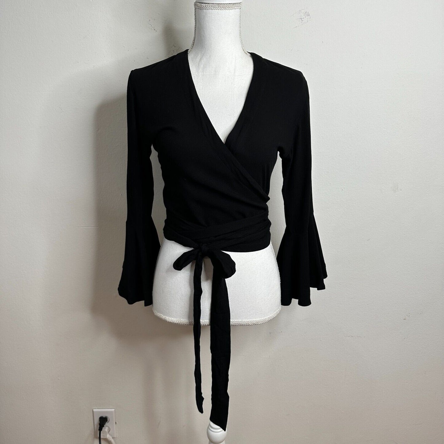 NWT Revolve Indah Lucia Black Wrap Tie Waist Top Plunging VNeck Bell Sleeves XS