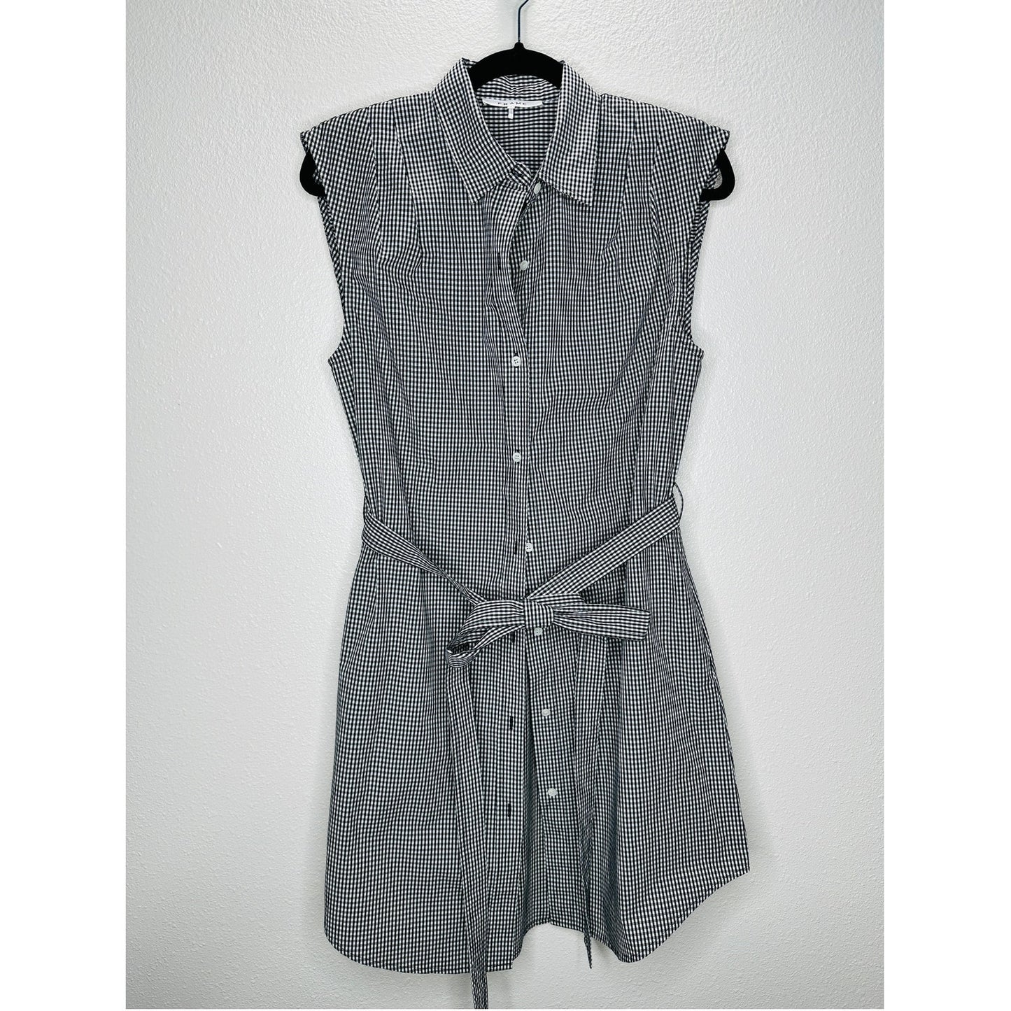 Frame Black & White Gingham Sleeveless Shoulder Pad Button Collared Shirtdress S