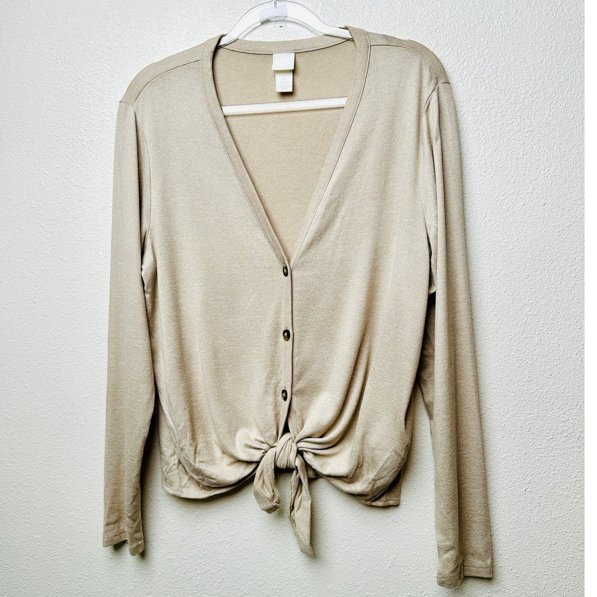 H&M Tan V-Neck Tie-Front Button Cardigan Sweater Women’s L