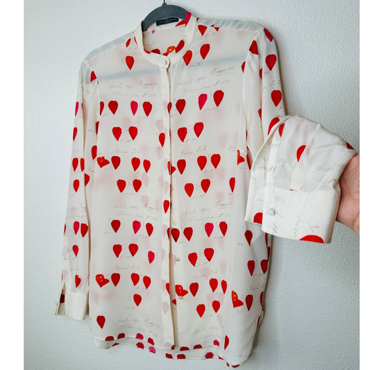 Alexander McQueen Silk Cream Red Pink Petal Long Sleeve Blouse 42 / 10