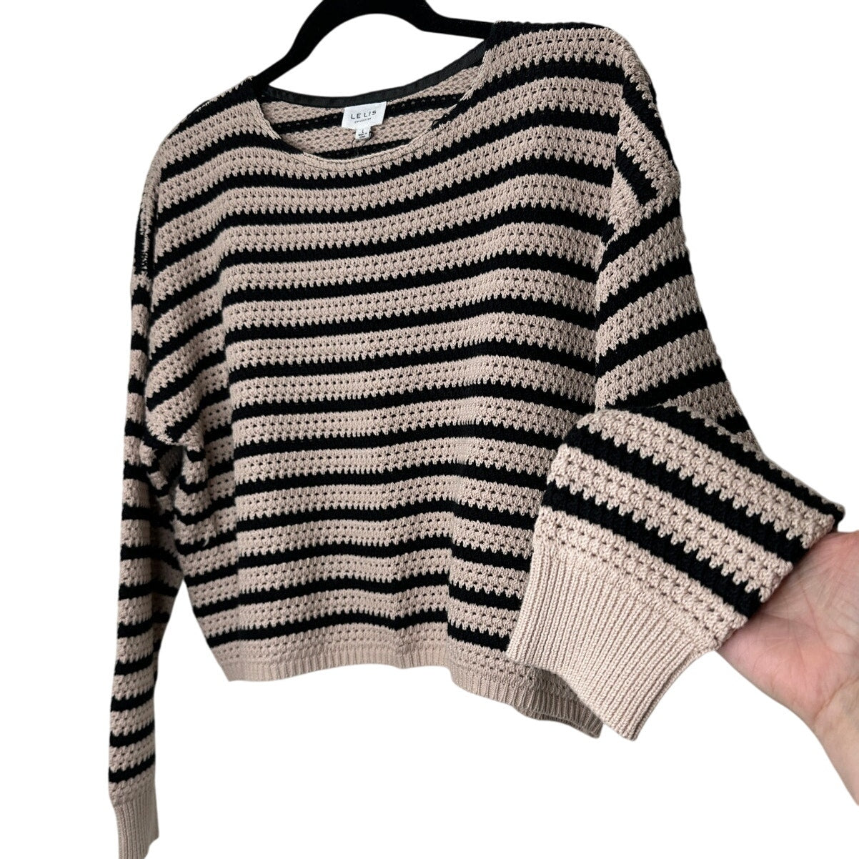 NWT Le Lis Tan & Black Striped Round Neck Raglan Sleeve Crop Sweater L