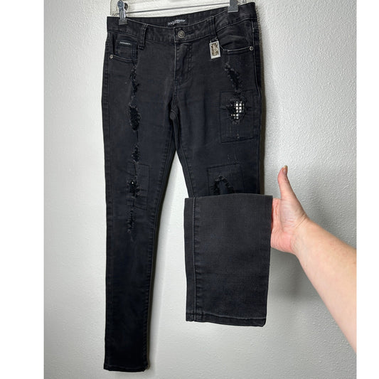 Dolce & Gabbana Dark Gray Distressed Studded Low Rise Skinny Jeans 6