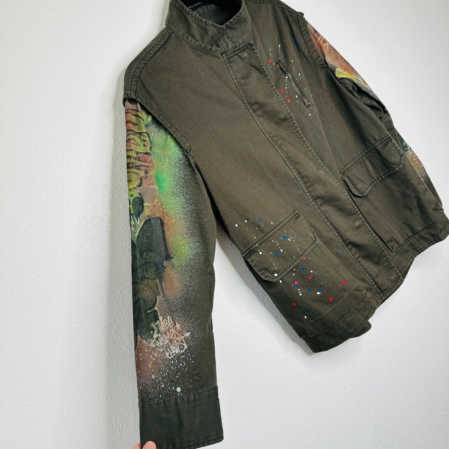 Zara Army Green Grafitti New York Jungle Oversize Zip Utility Jacket 100% Cotton