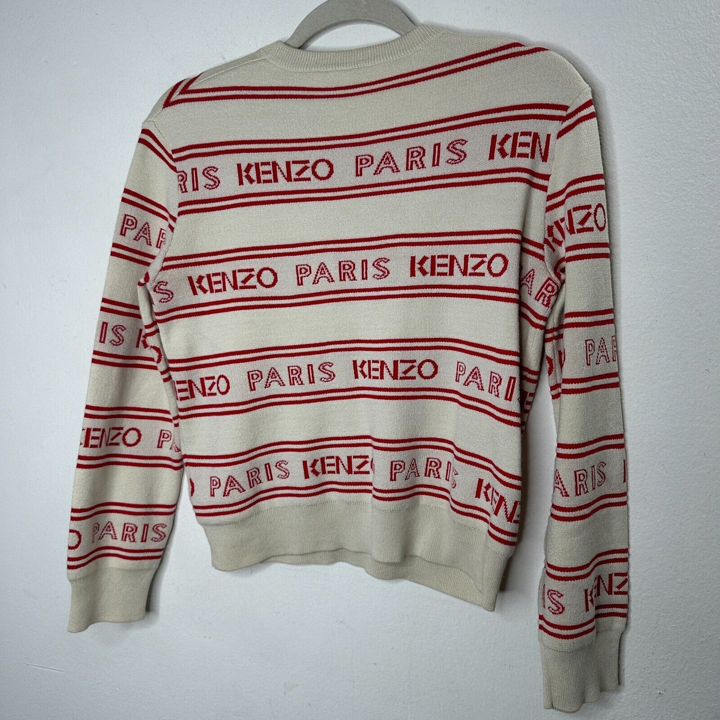 Kenzo Red & Tan Striped Woven Logo Knitted Sweater Long Sleeve Round Neck Small