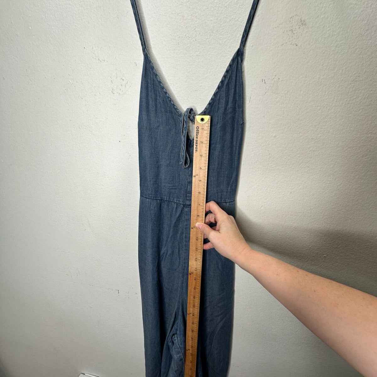 Lovestitch Medium Wash Blue Wide Leg Spaghetti Strap V-Neck Front Tie Jumpsuit S