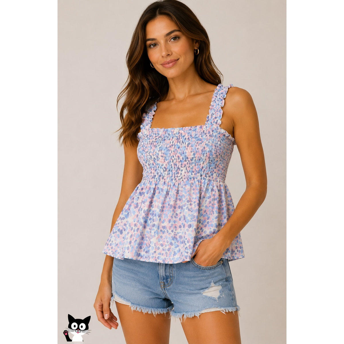 Aqua Muted Pink Cream Blue Smocked Sleeveless Babydoll Top S