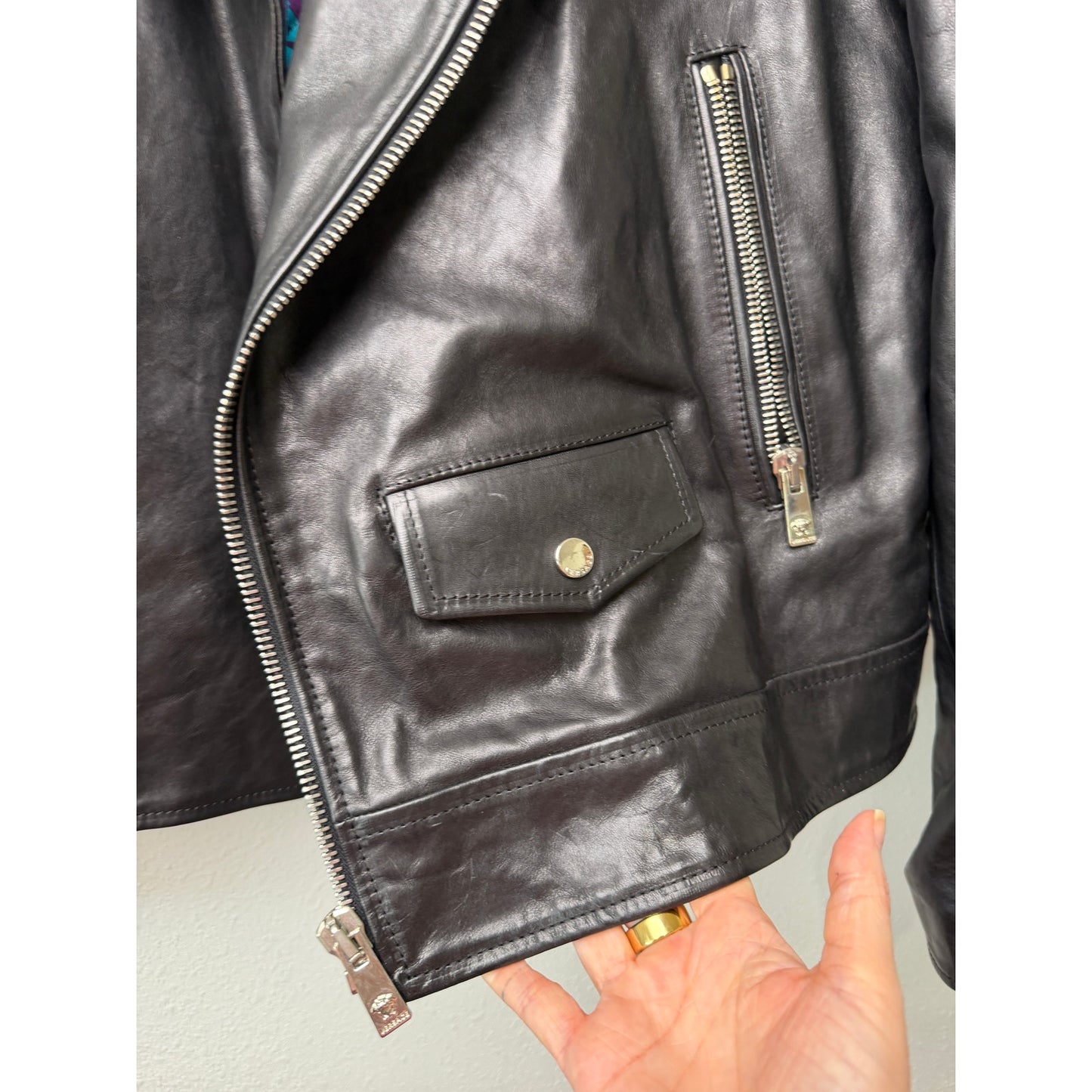 Versace Black Leather Moto Biker Jacket Men L