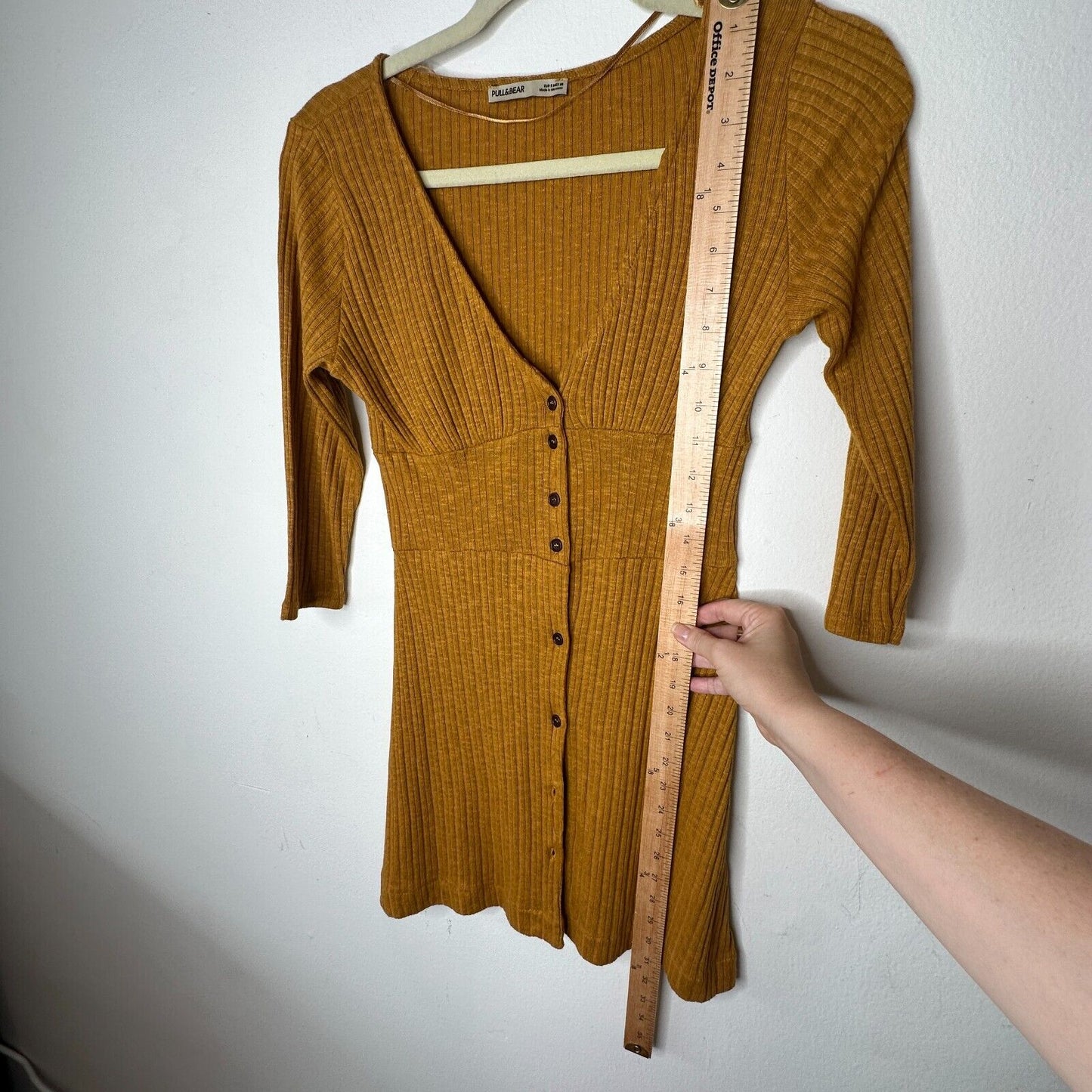 Pull & Bear Golden Yellow Cotton Rib Long Sleeve VNeck Button Up Mini Dress S
