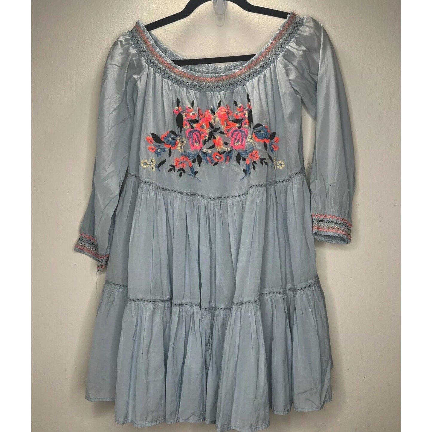 Free People Baby Blue Smocked Off Shoulder Embroidered Tiered Ruffle Mini Dress