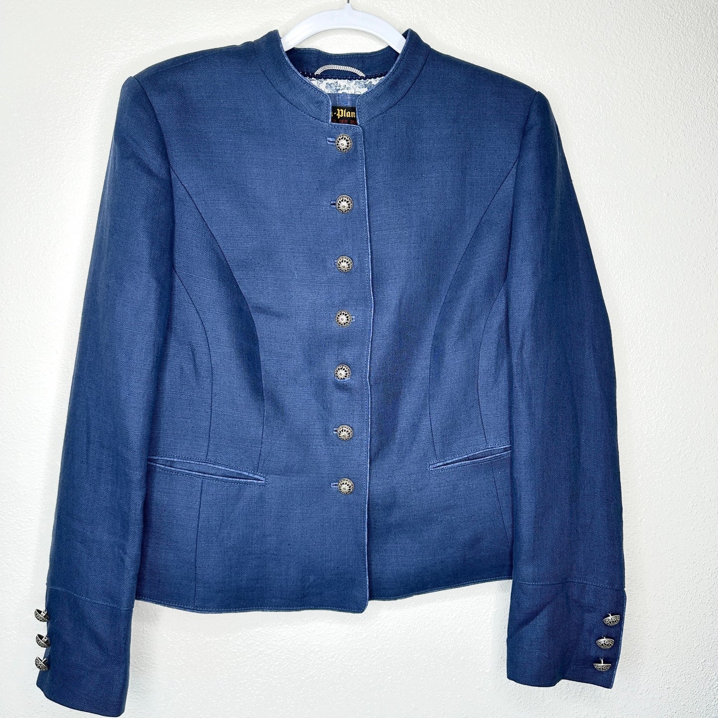 Loden Plankl Denim Blue Linen Band Neck Silver Floral Decorative Buttons Blazer Jacket