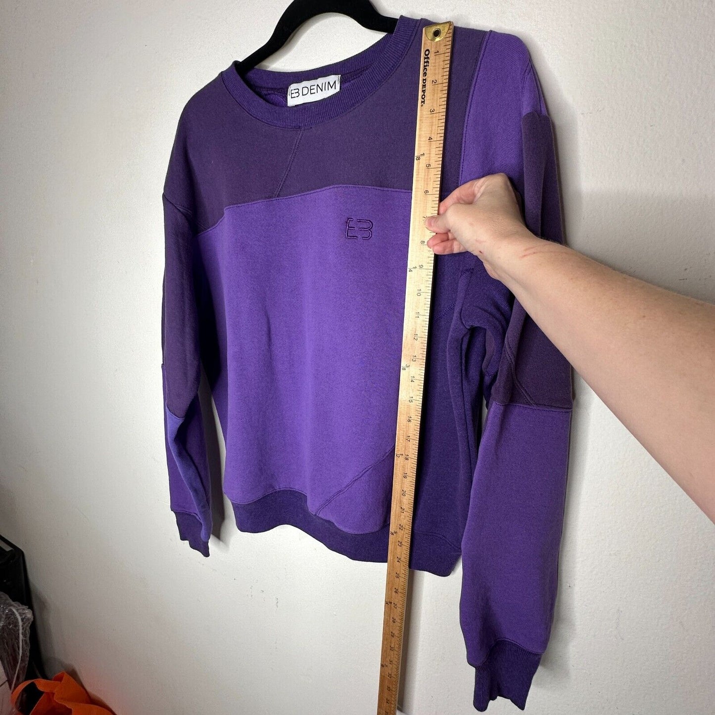 EB Denim Rich Purple Color Block Long Sleeve Crew Sweater Banded Wrist & Hem 1
