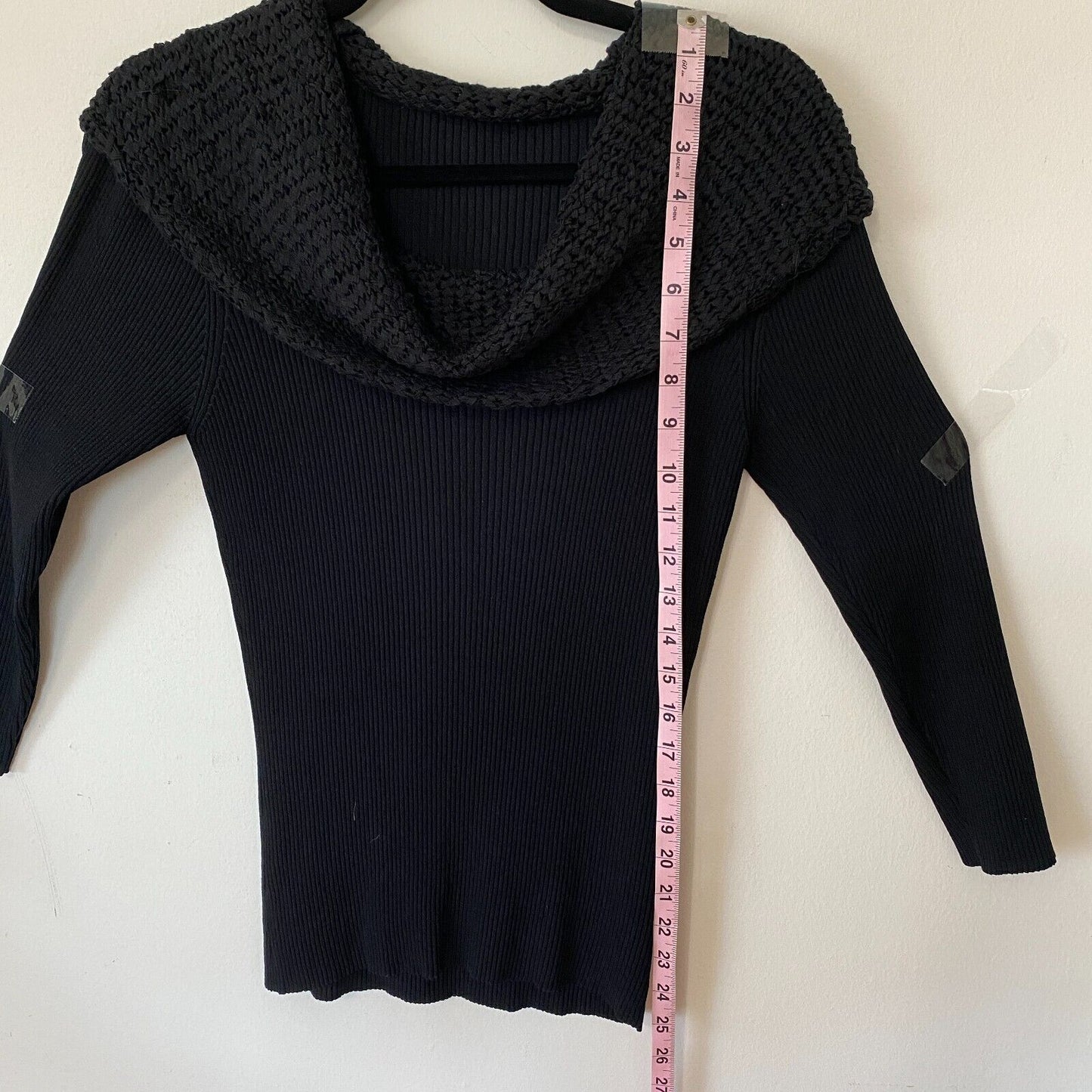 Black Long Sleeve Stretchy Blouse Shawl Cowel Crochet Wide Neckline Medium