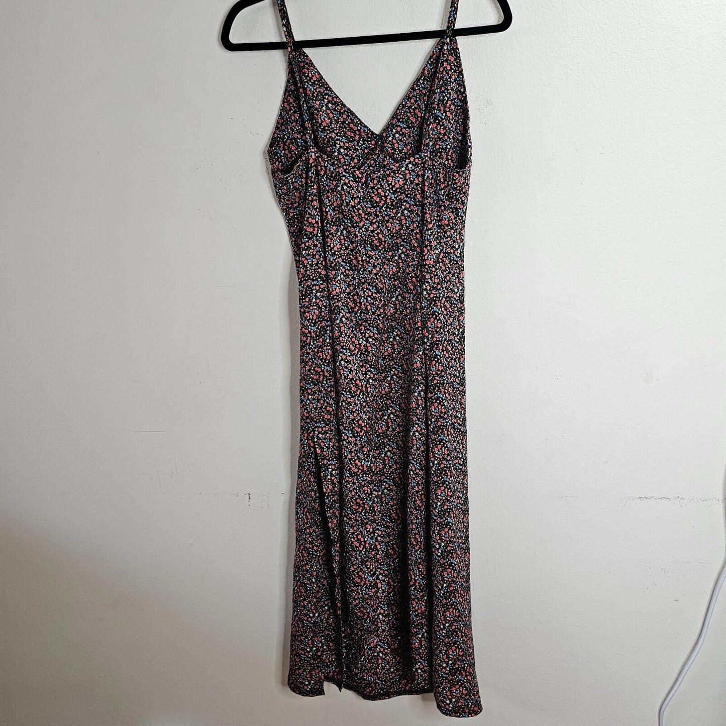 Polly Black Pink Blue Floral Print VNeck Spaghetti Strap Side Slit Dress 6