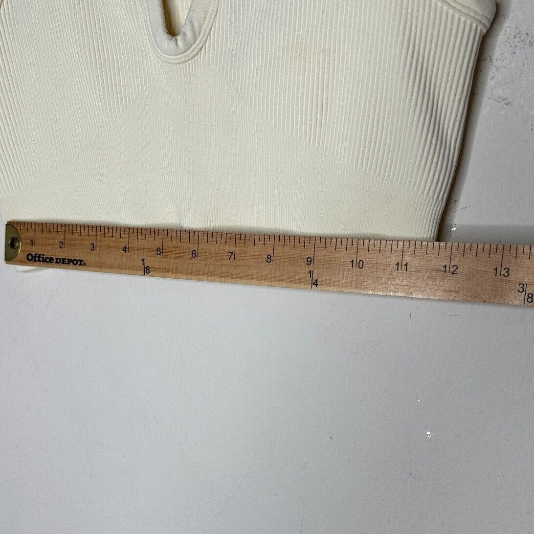 Cream Ribbed Knit Cut Front V-Neck Soft Sports Bra Crop Top No Inserts Medium