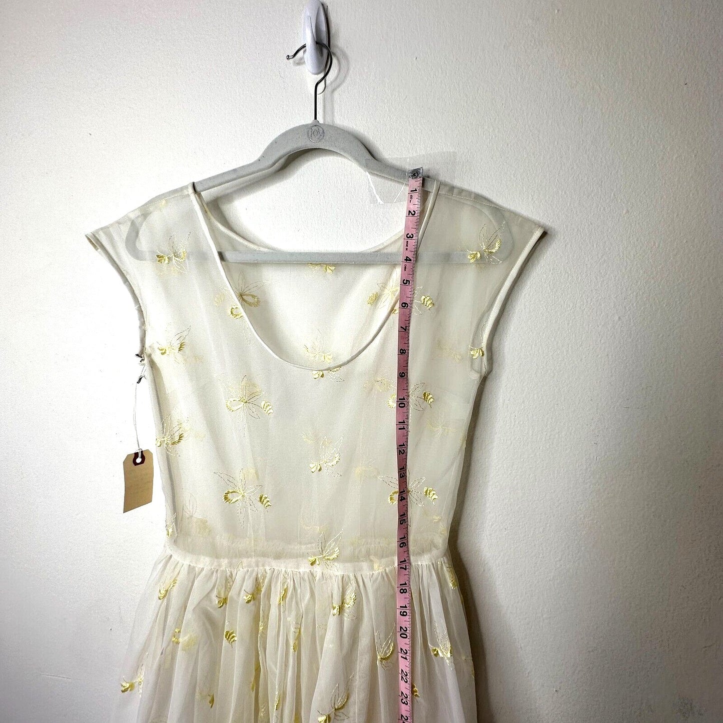 VINTAGE Sheer 50s Pale Lemon Yellow Floral Design Embroidered Sleeveless Dress
