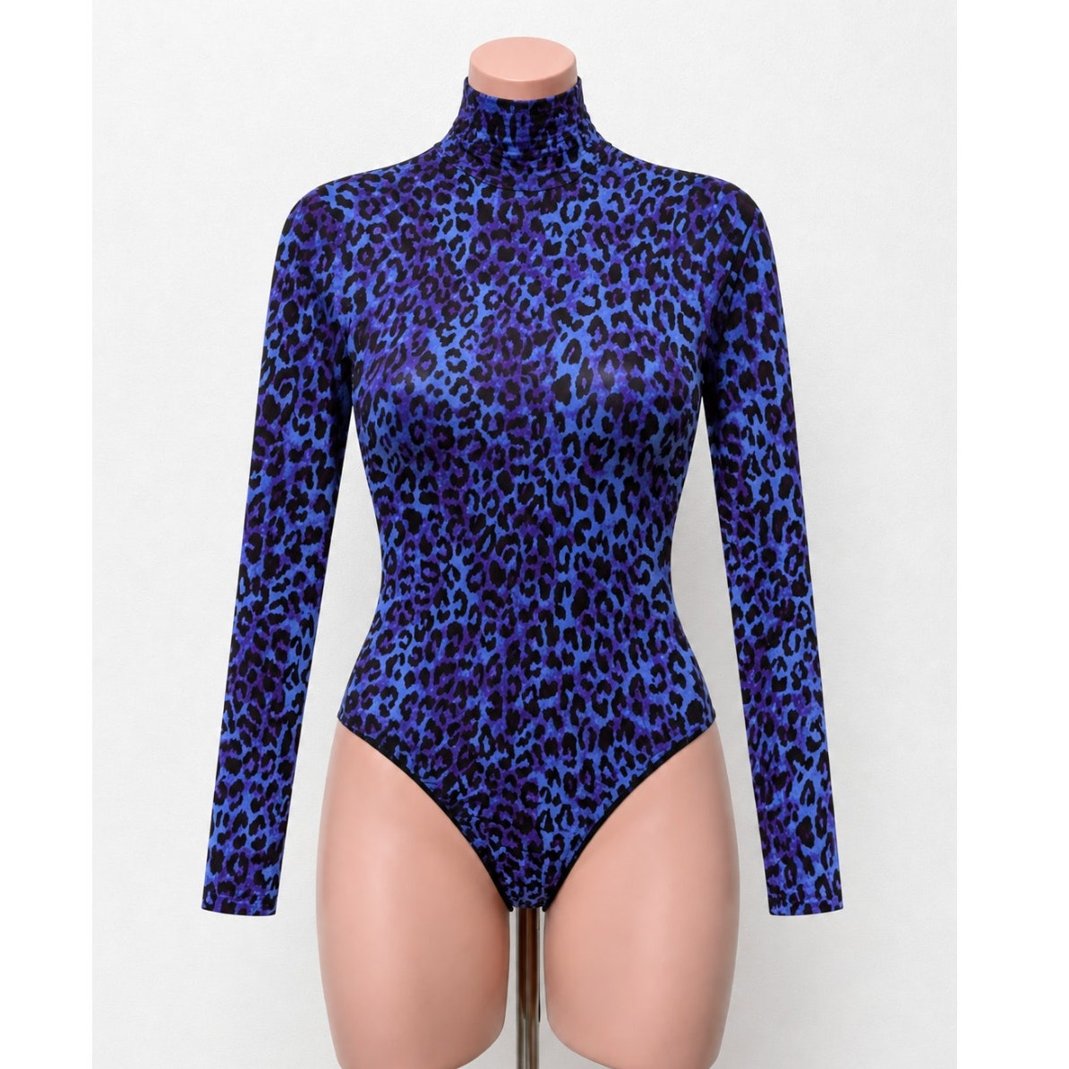 Topshop x Halpern Blue & Black Cheetah Mock Neck Back Zip Snap Bottom Bodysuit 2