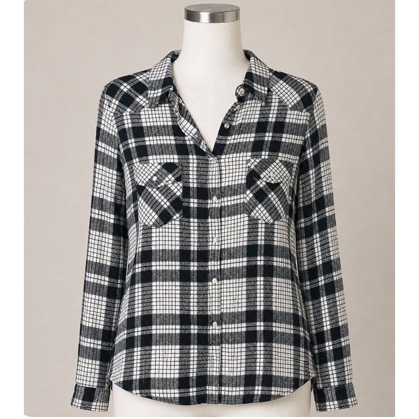 Lovestitch Long Sleeve Pocketed Black White Plaid Button Up Flannel Shirt S