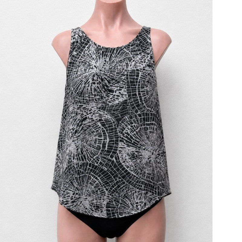 Ovi Black & White Wood Circle Design Keyhole Draped Back Sleeveless Blouse Small