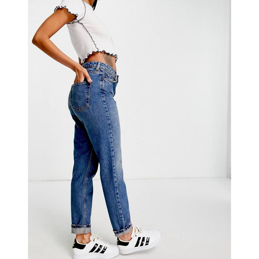 Topshop Medium Blue Wash Moto Mom Jeans 5-Pocket Distressed Straight Leg 25