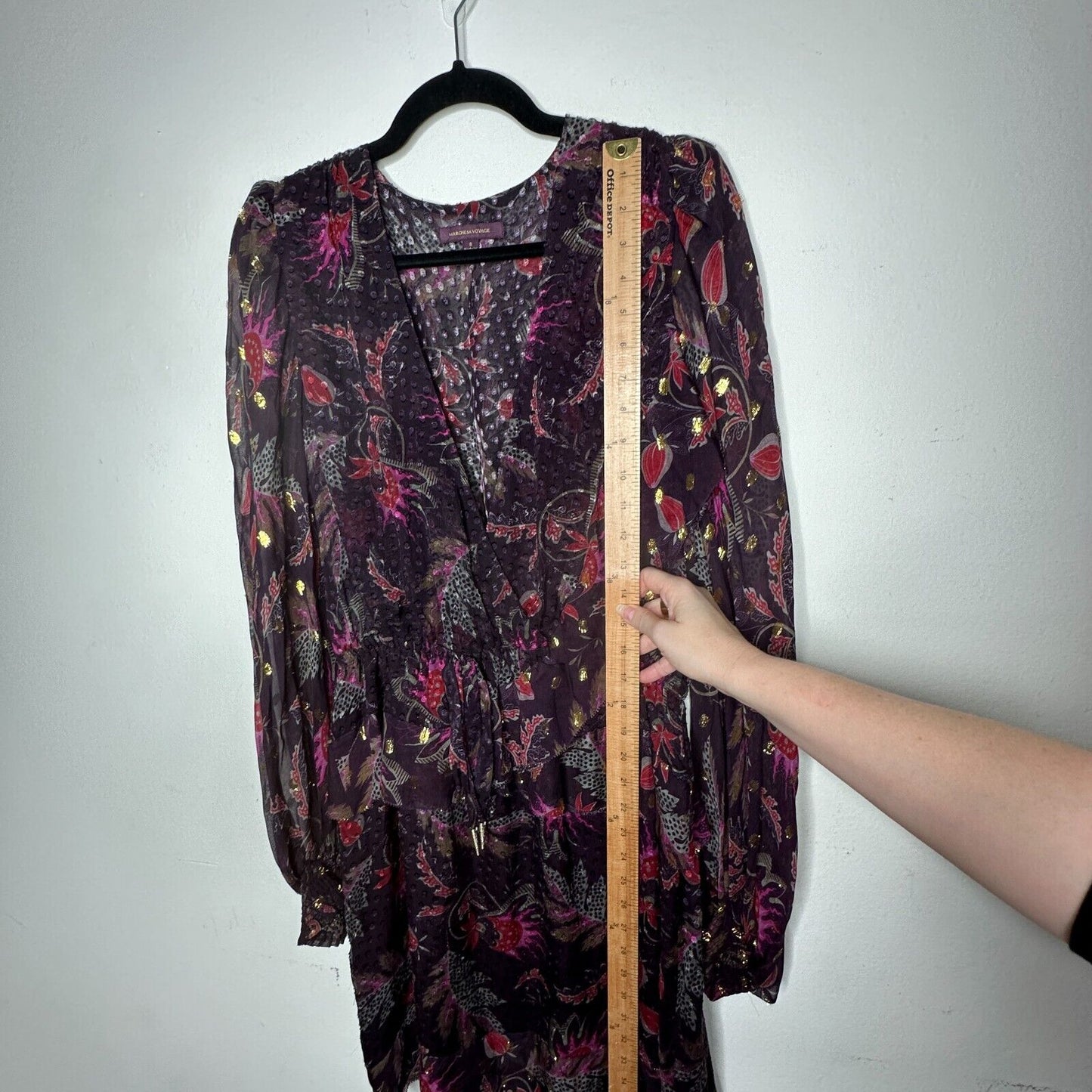 Marchesa Voyage Burgundy 100% Silk Flounce Peplum V Neck Long Sleeve Dress 8
