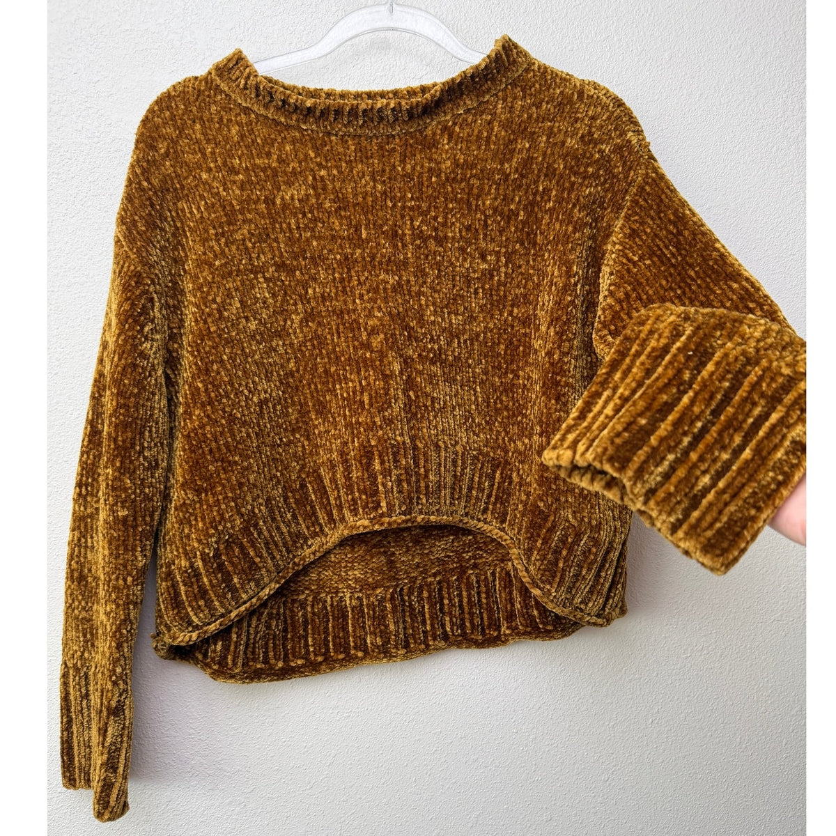 Zara Knit Mustard Gold Chenille Cropped High Low Sweater Women's US S