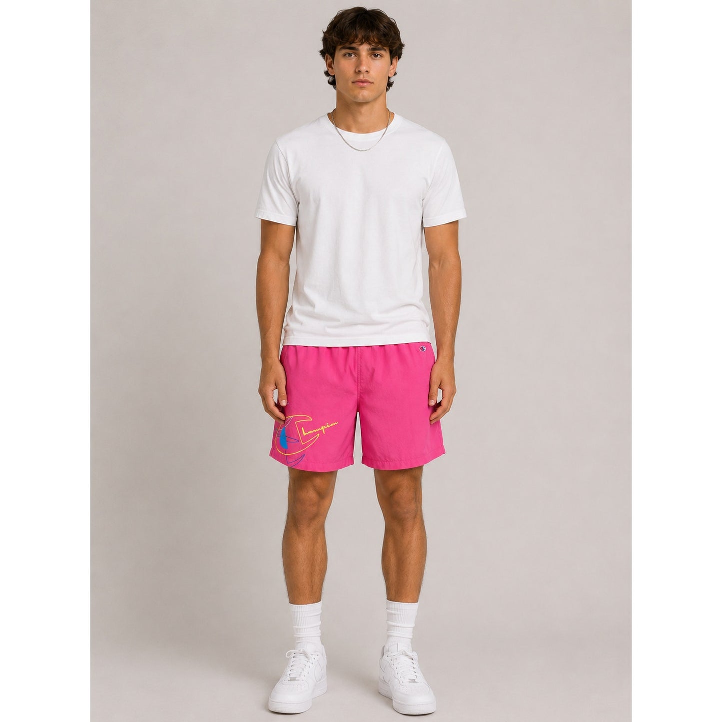 Champion Pink Lightweight Crinkle Nylon Lined Shorts Color Pop Logo L