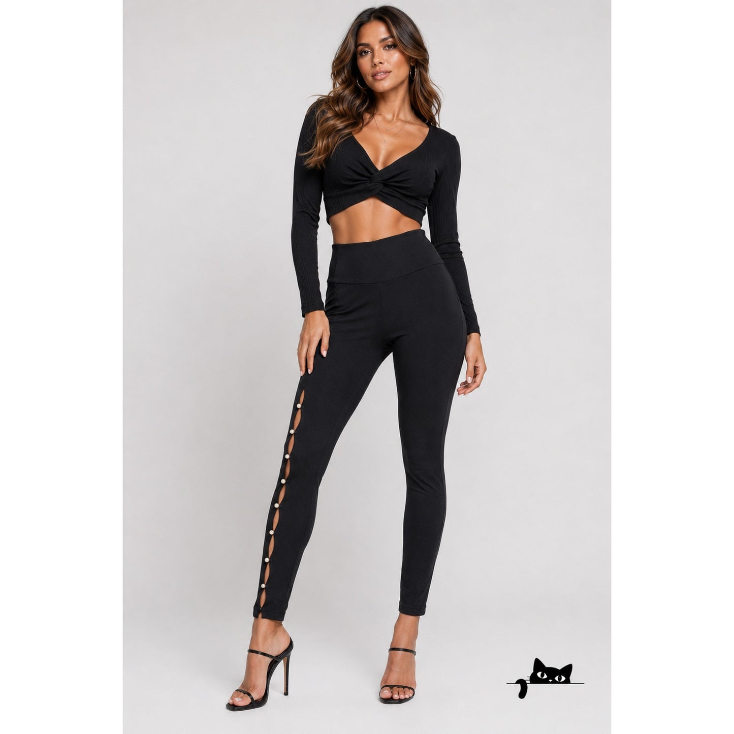 Wolford Sexy Black Linda Leggings Open Side Slit Tan & Pearl Embellishment Small