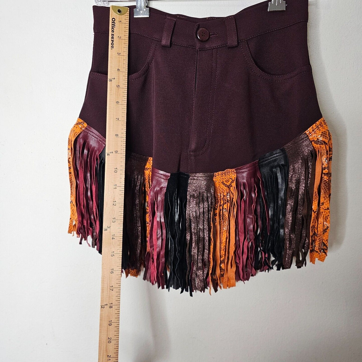 Burgundy Mini Skirt Snake Print Orange Black Shimmer Brown Leatherette Tassels M