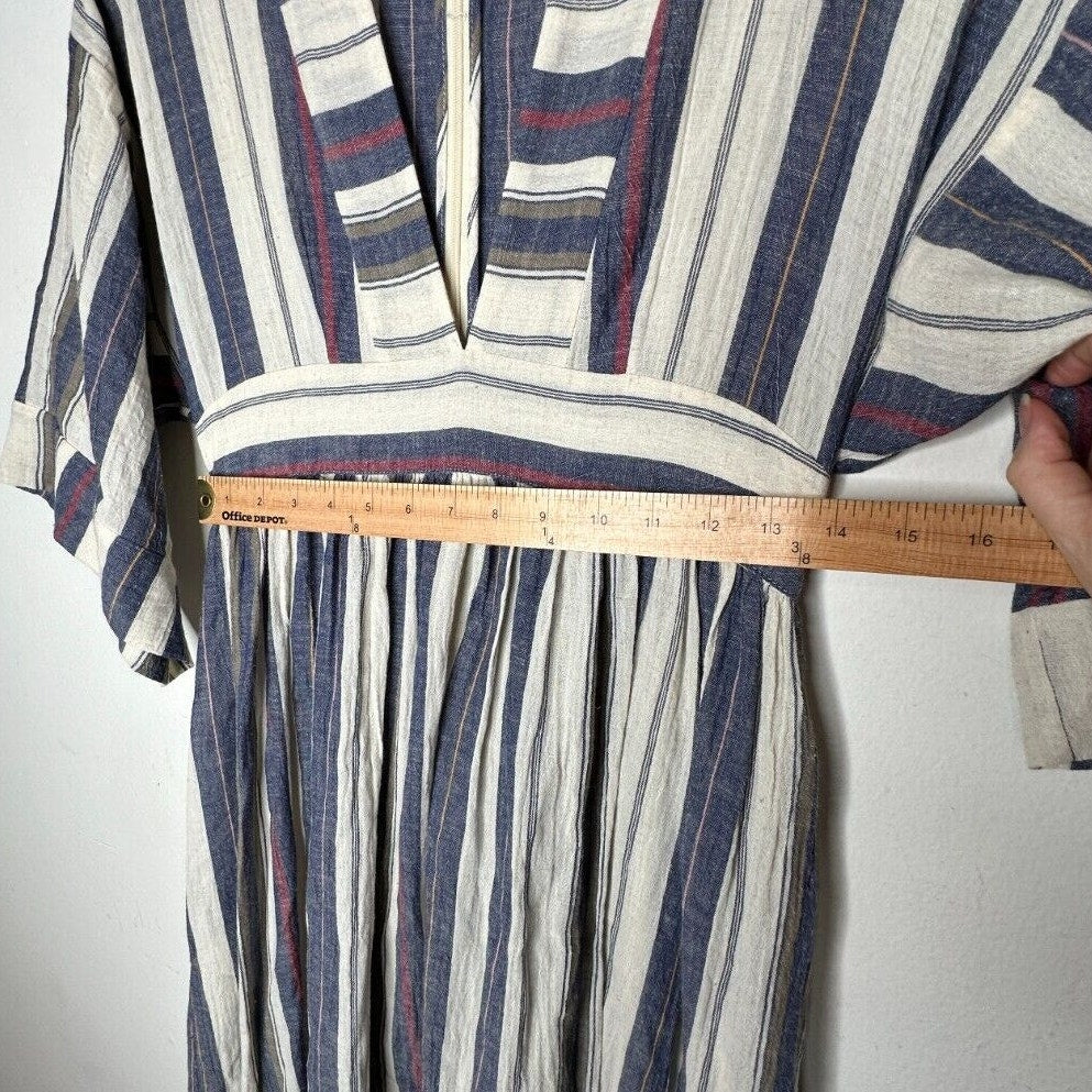 Three Graces London Ferrer Tan Blue Red Stripe Short Cuff Sleeve V-Neck Dress 10