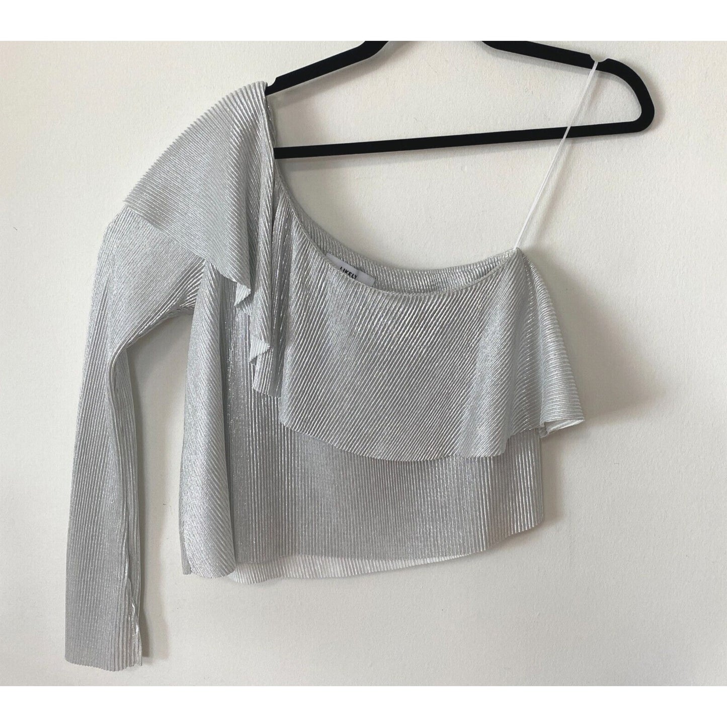 Silver Metallic Shiny Striped Ribbed One Shoulder One Long Sleeve Ruffle Top S