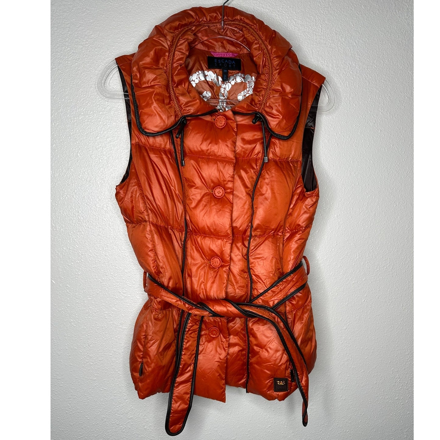 Escada Sport Orange Goose Down Quilted Puffer Belted Vest 38 / 8