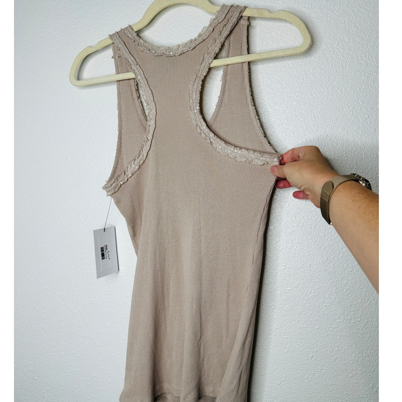NWT Dis Moi Tan Rib Knit Racer Back Lace Edging Tank Top