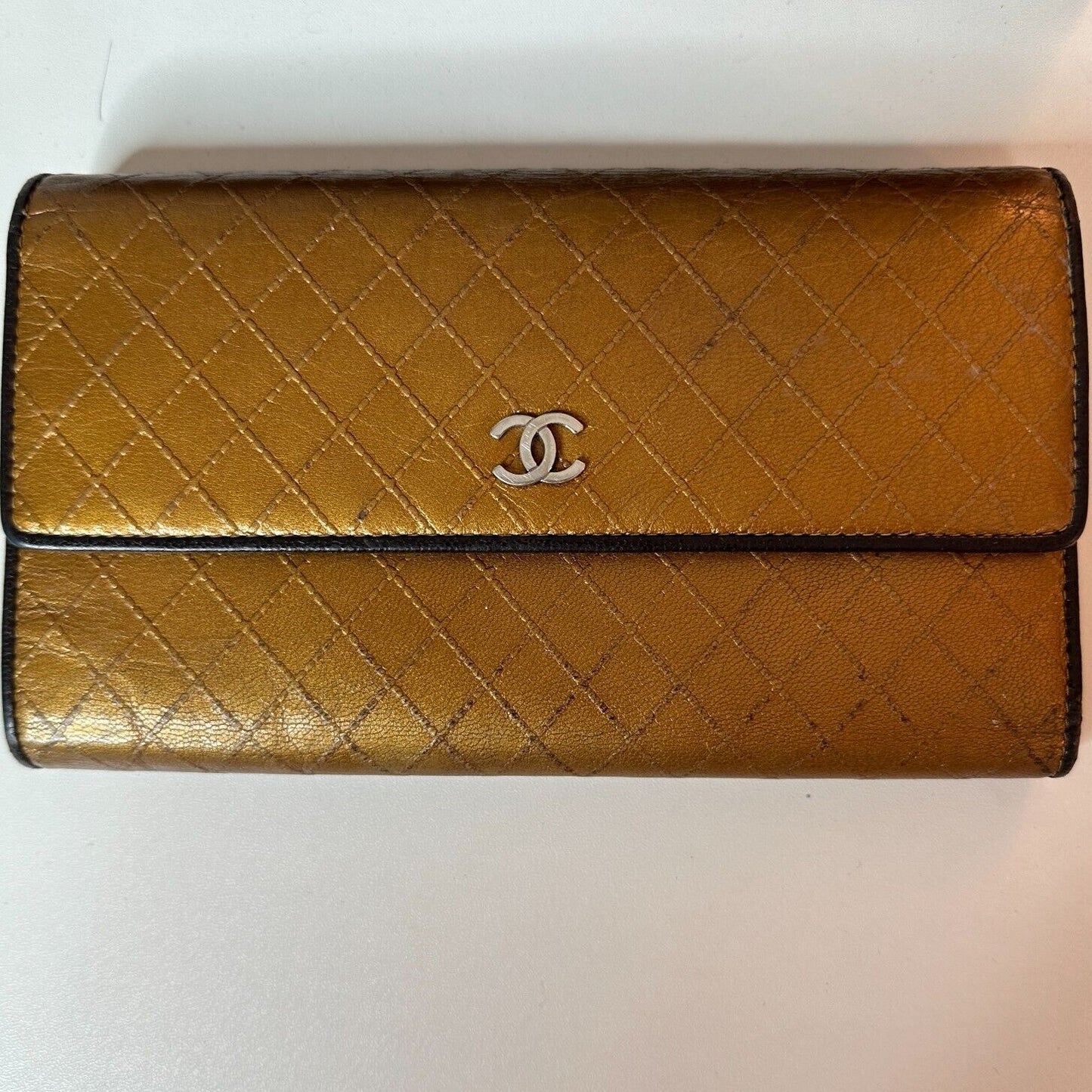 Authentic Chanel Tri-Fold Wallet Gold & Black Interior Trim Leather gold CC Logo