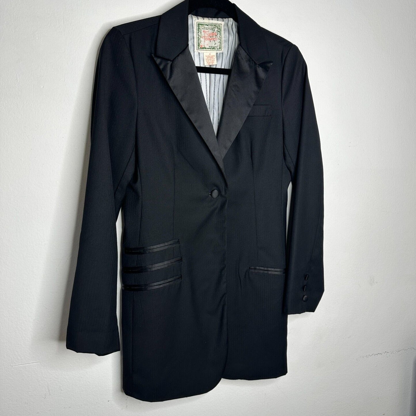 Flying Tomato Black Long One-Button Tuxedo Blazer Satin Trim Lapel & Pockets M