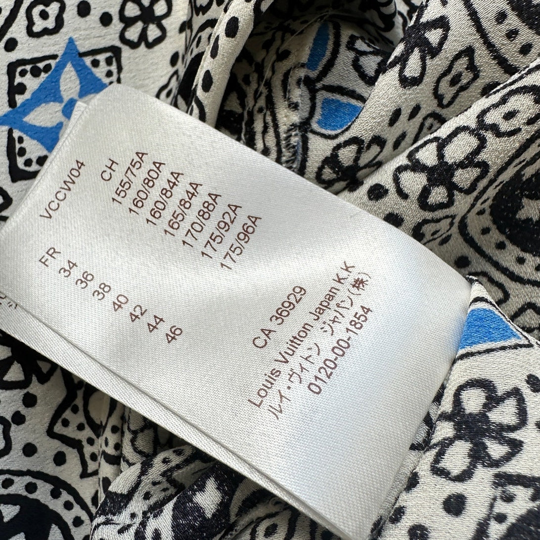 Louis Vuitton Silk Belted Print Midi Dress Runway White Black Blue 42 / 10