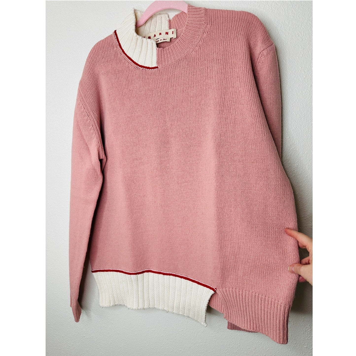 Marni Pink Cream Red Asymmetrical Neck & Hem Long Sleeve Sweater 46 / 10