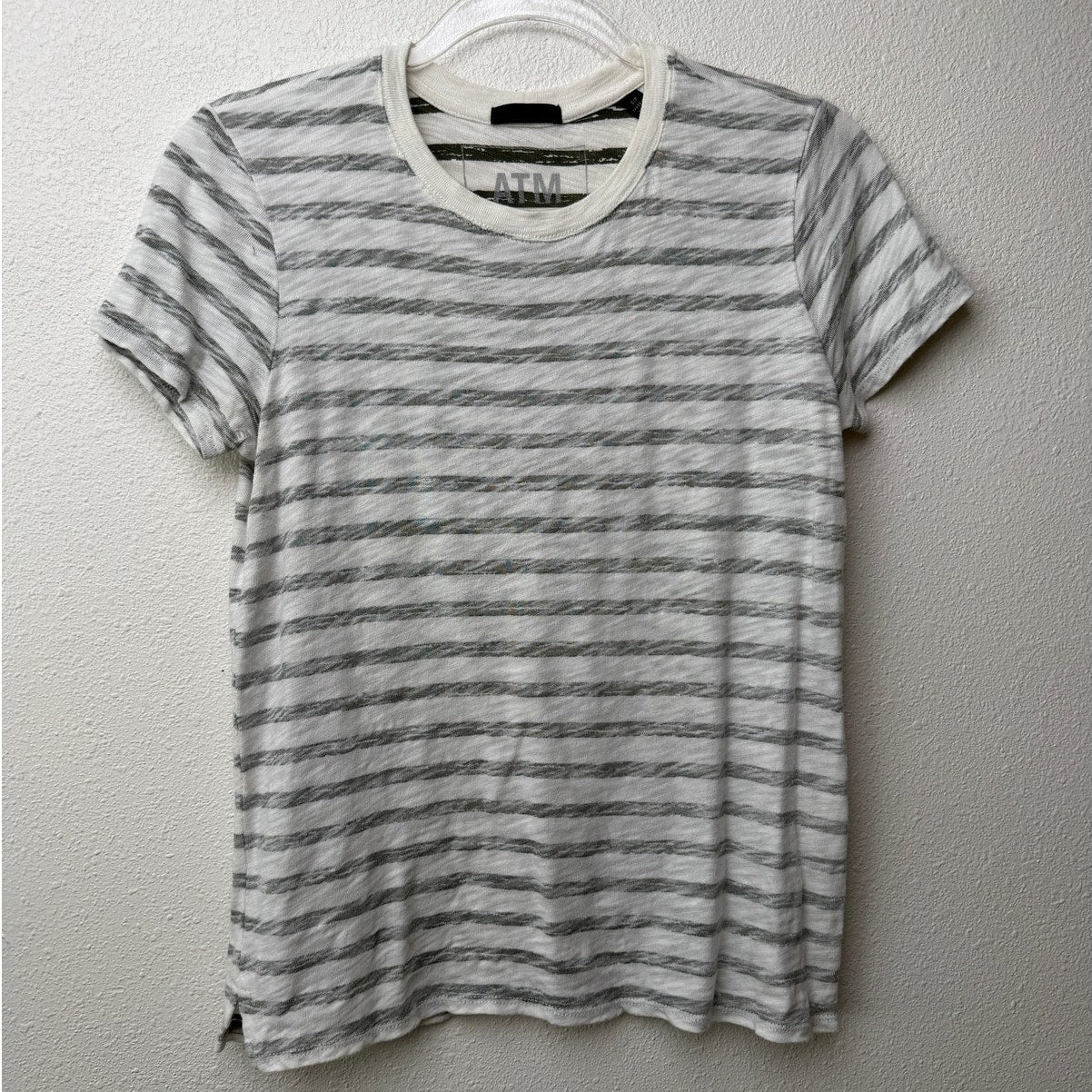 ATM Cream and Green Gray Striped Round Neck Short Sleeve T-shirt