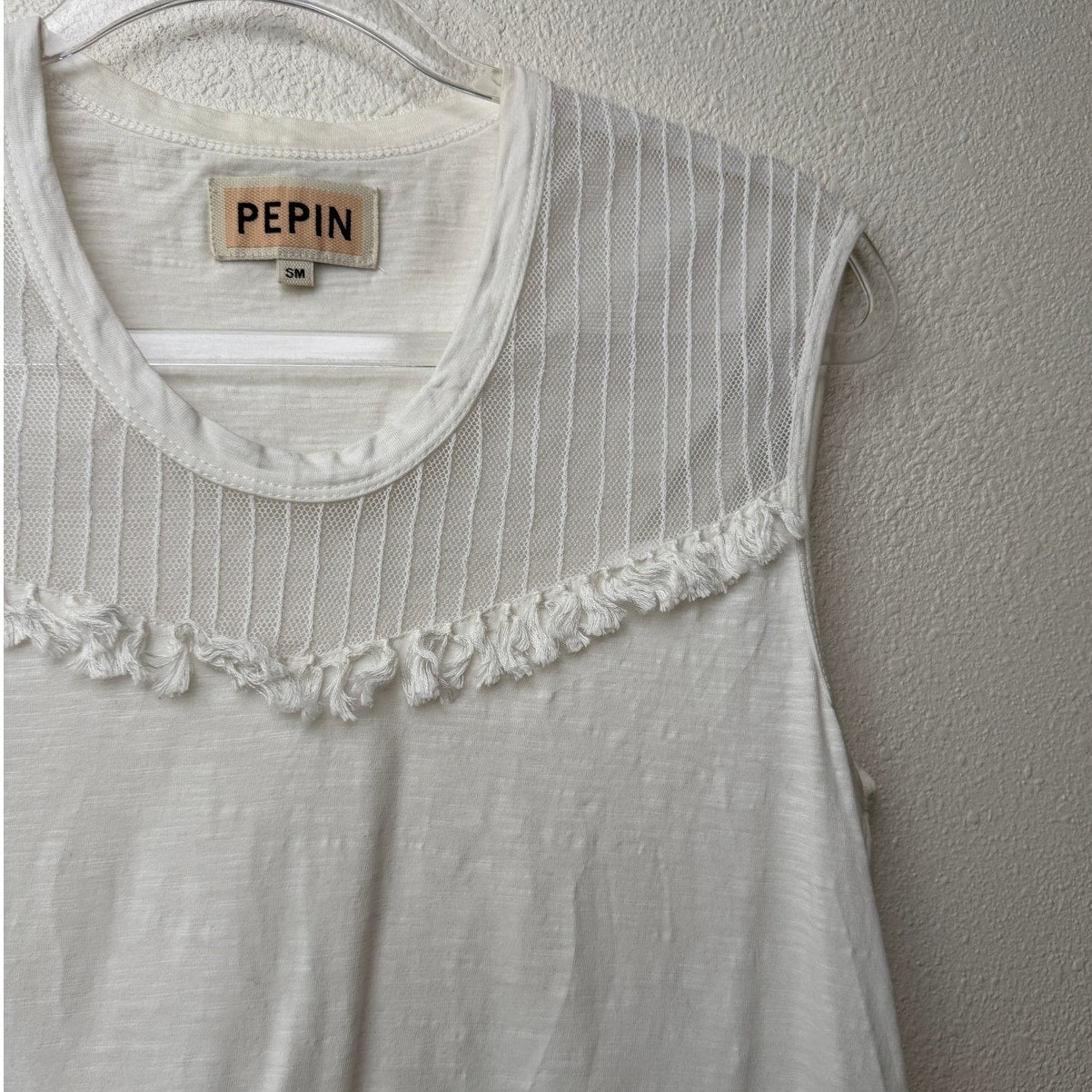 Pepin White Sheer Mesh Tassel Sleeveless Top Scoop Neck Linen Blend