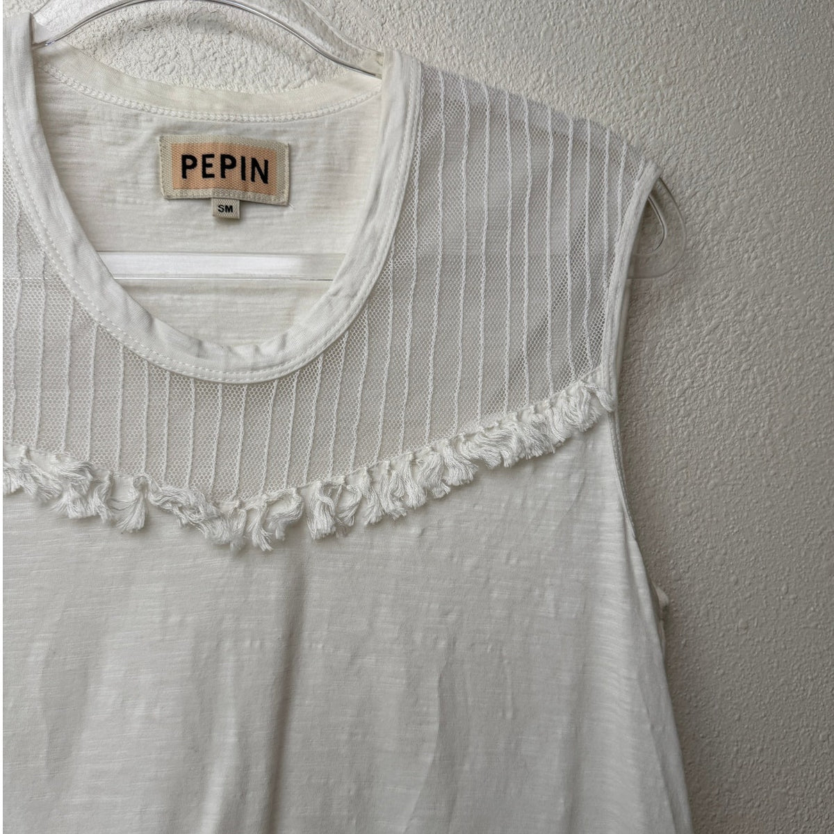 Pepin White Sheer Mesh Tassel Sleeveless Top Scoop Neck Linen Blend