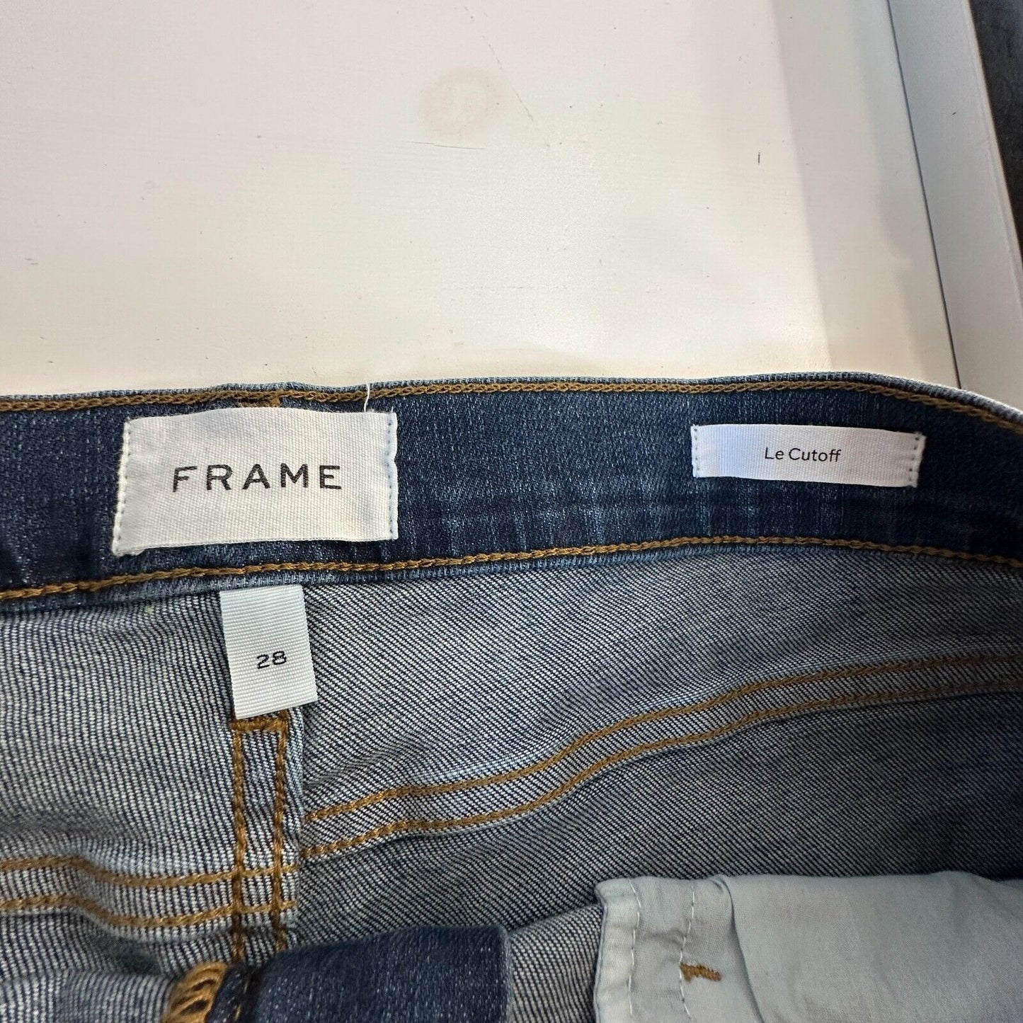 Frame Le Cut Off Azure Jean Shorts Raw Edge Frayed Hem Fading & Whiskering 28