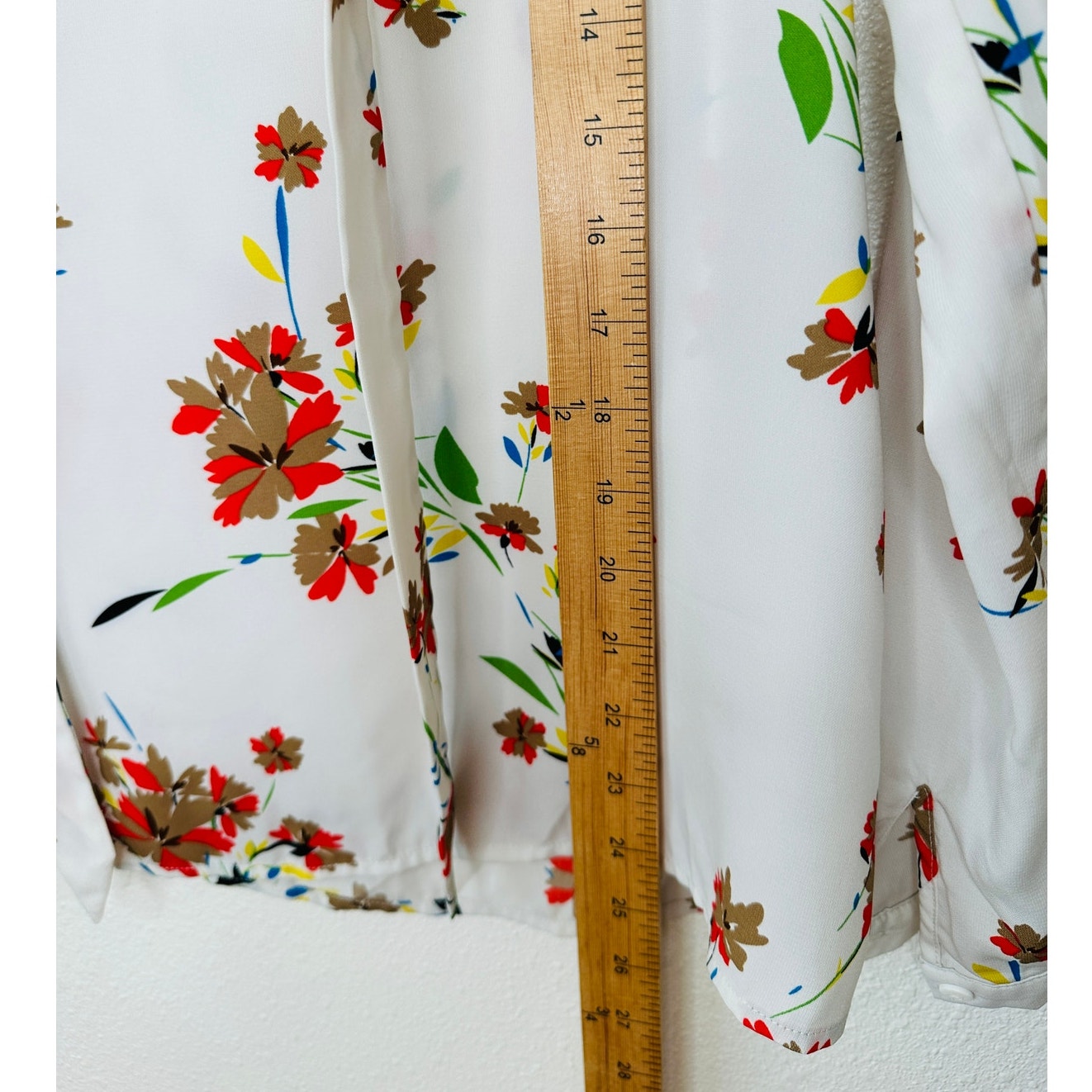 Off White Red Brown Blue Floral Long Sleeve Tie Neck Blouse Top L