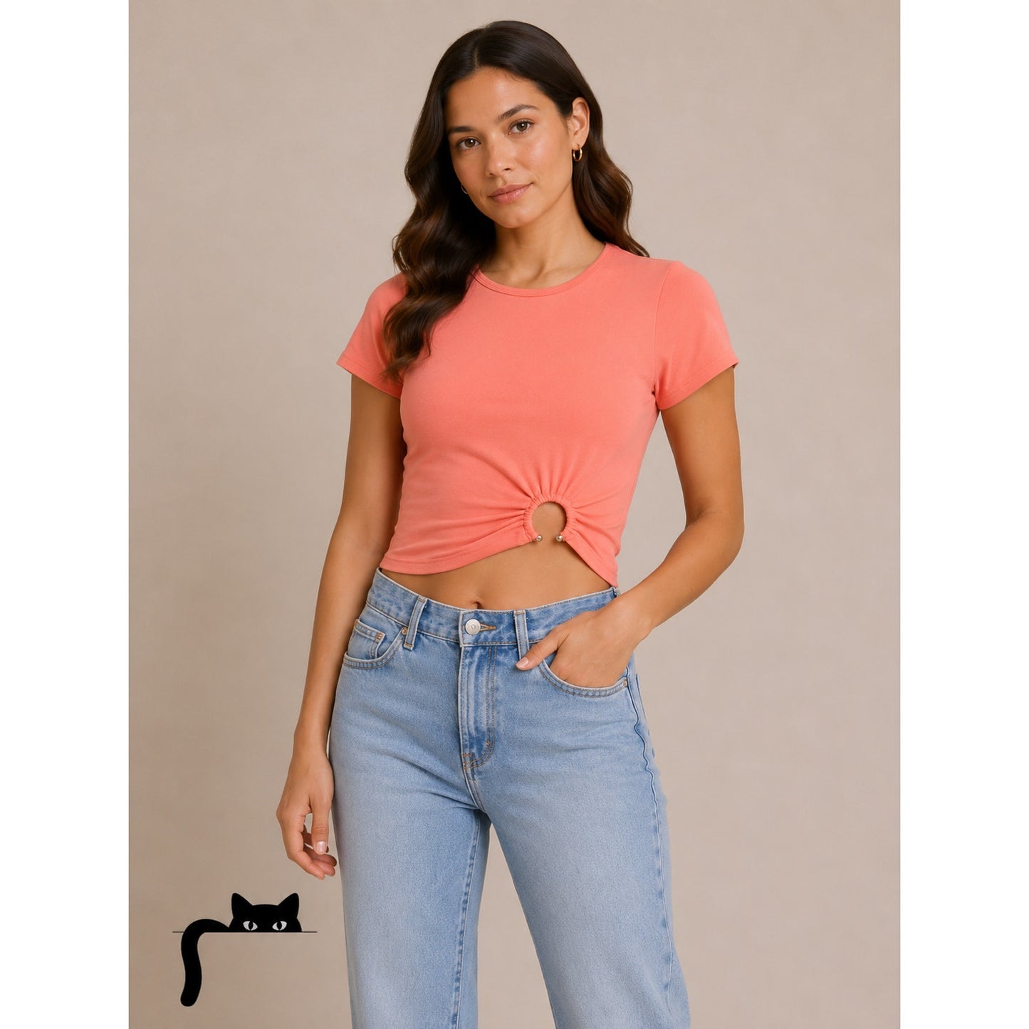 Good American Jersey Top Coral XS Ring Detail Tee
