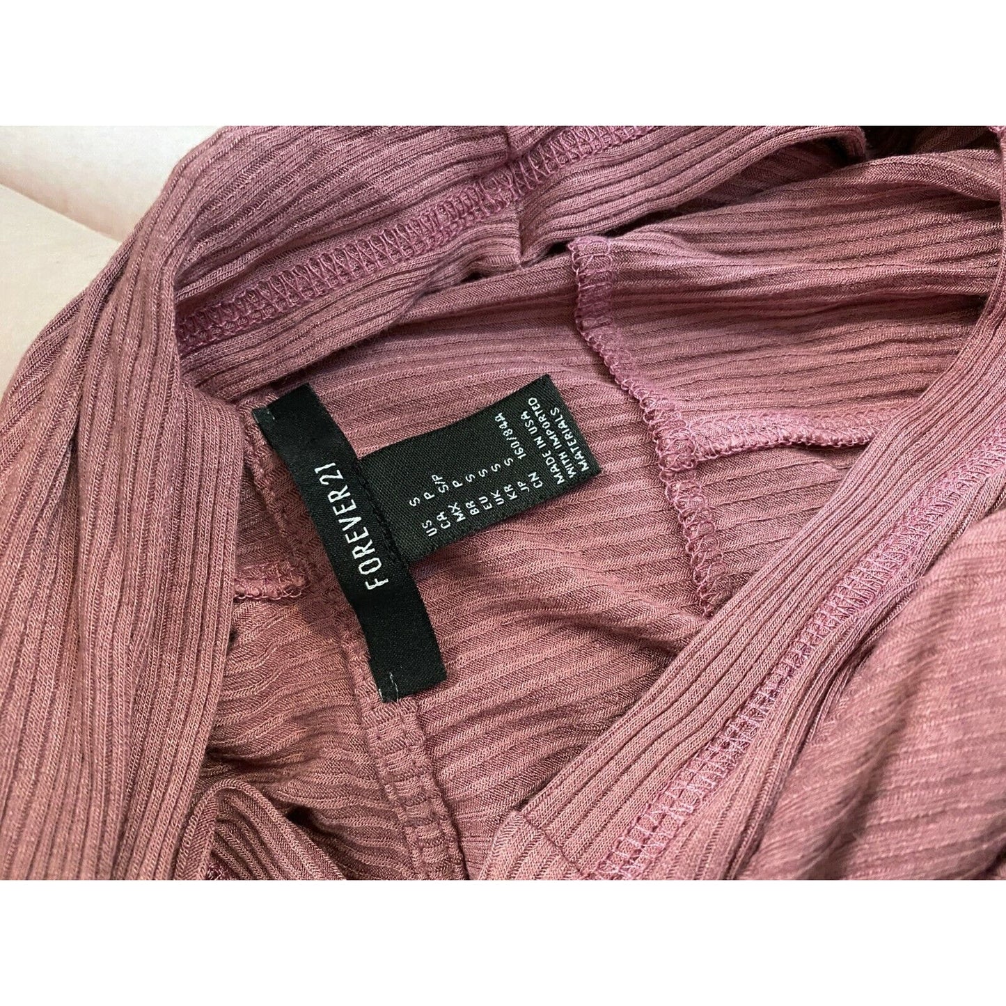 Mauve Pink Oversized Ribbed Knit Deep V long sleeve hoodie High Low Tee Top S