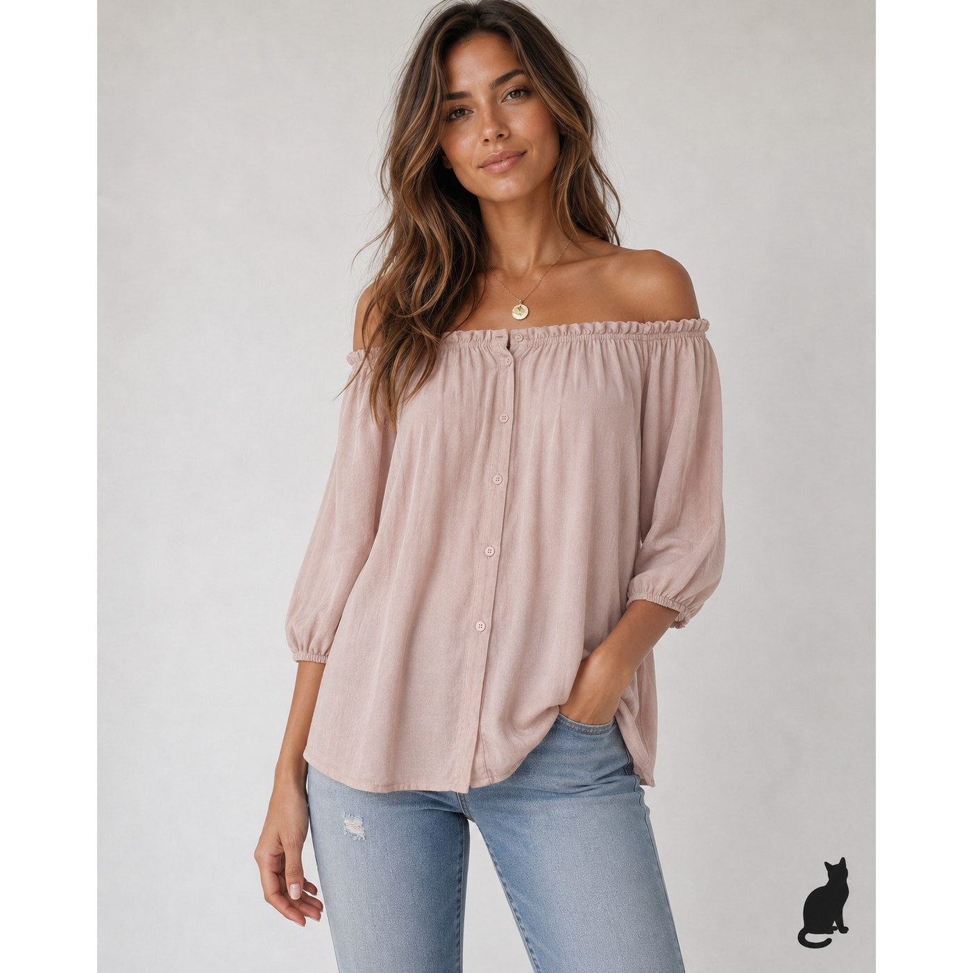 American Vintage Blush Off Shoulder 3/4 Sleeve Flowy Button Up Blouse Top Small