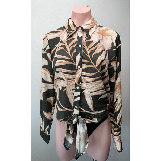 Rachel Zoe Black Tan Floral Tie Front Shirt Womens M