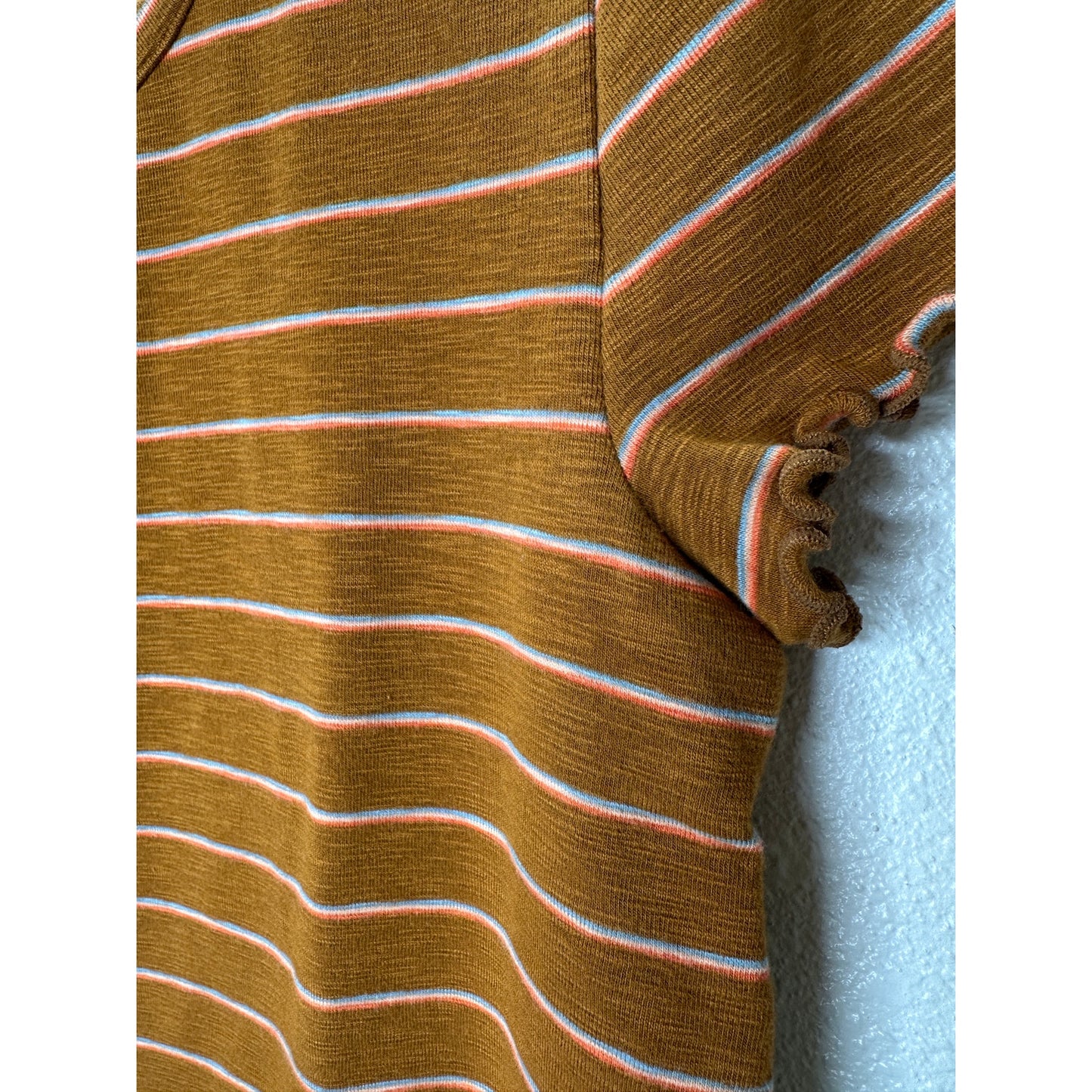 Madewell Rust Brown Peach Blue Stripe Short Sleeve Lettuce Hem Shirt M