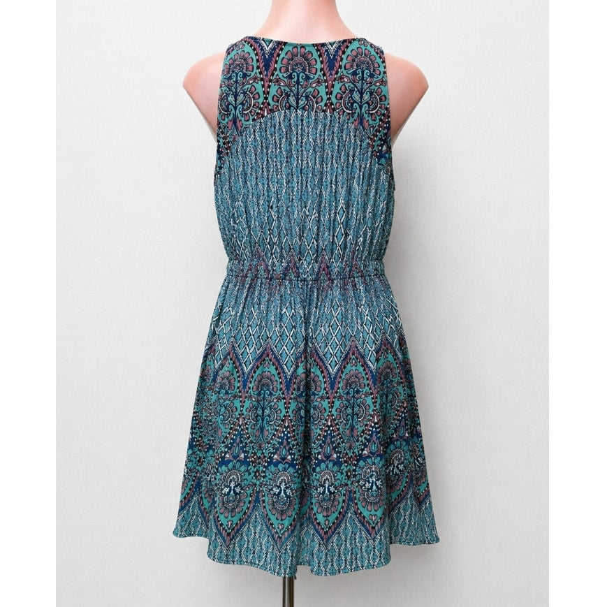 Olivaceous Teal Pink Multi Color Paisley Sleeveless Flowy Mini Tie VFront Small